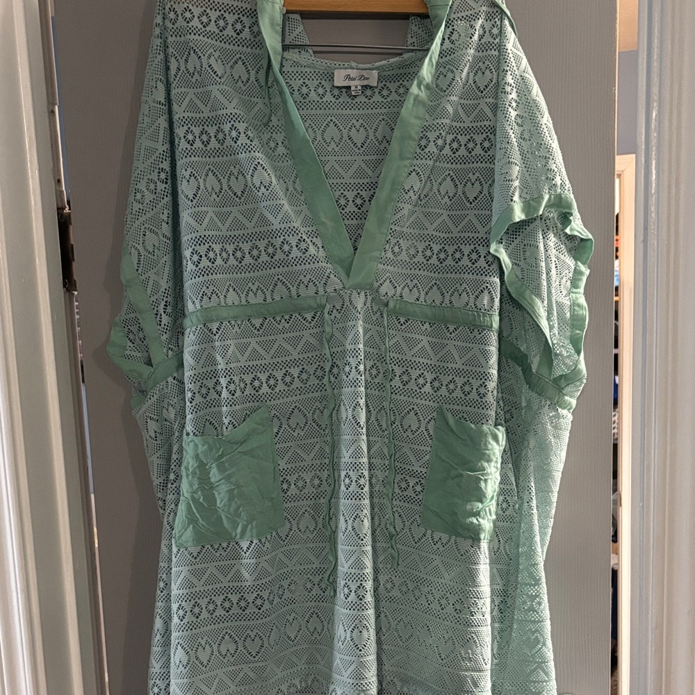 Sheer Mint Crochet Tunic Cover-Up with Front Pockets